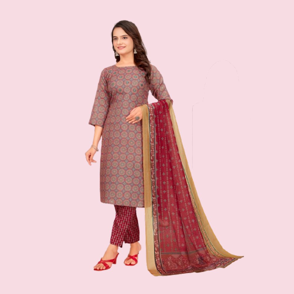 STARLINK : Women’s Straight Fit Printed Cotton Kurta with Pants and Dupatta