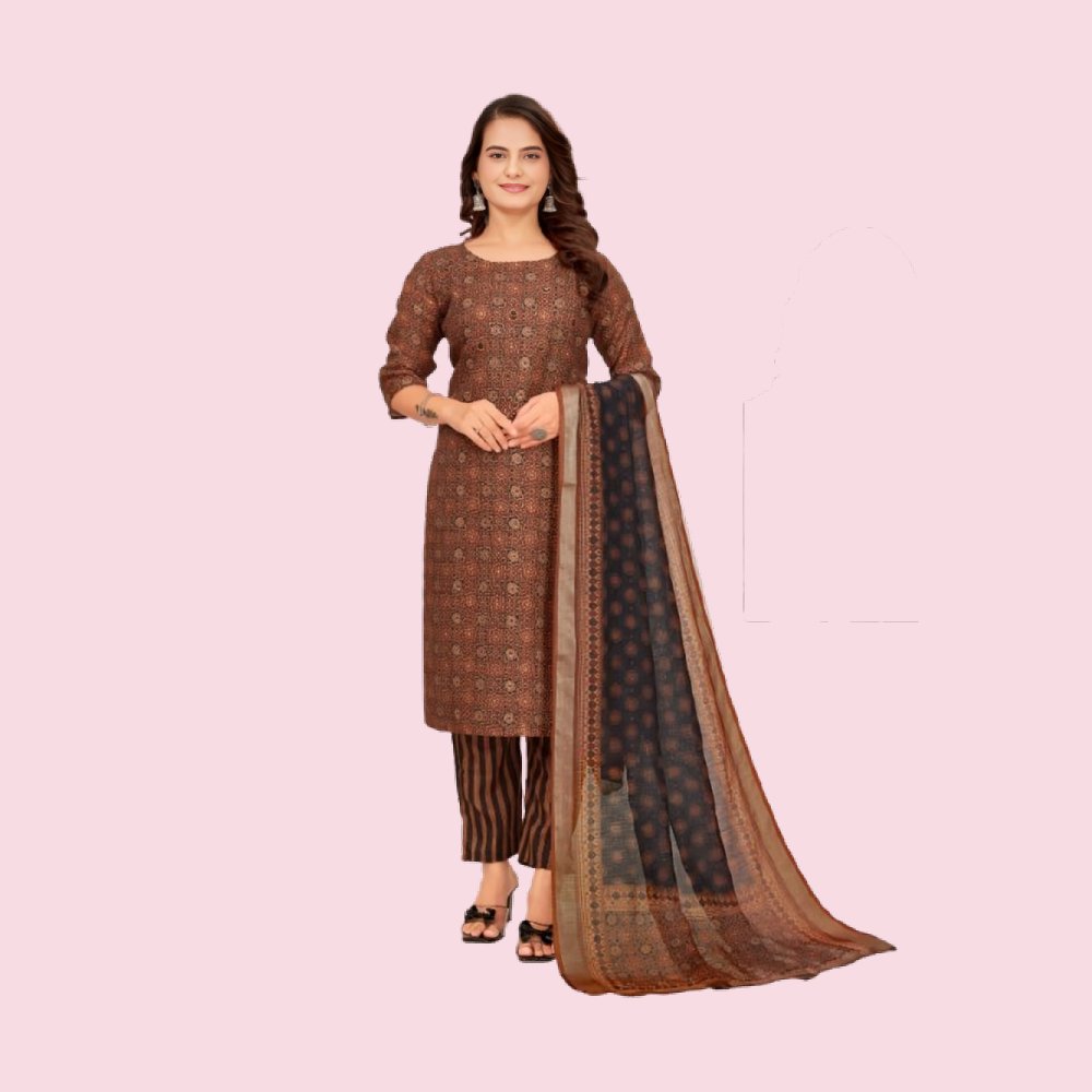 STARLINK :  Women’s Straight Fit Printed  Cotton Kurta with Pants and Dupatta