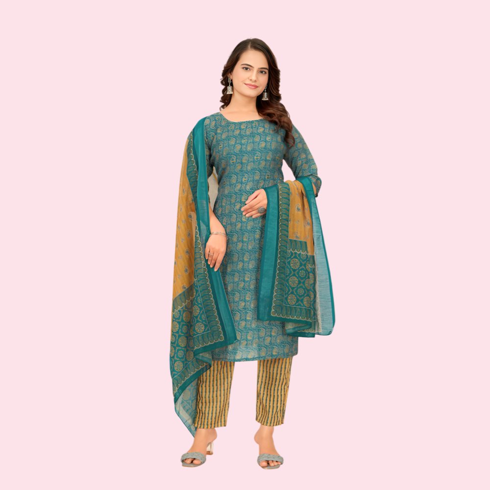 STARLINK : Women’s Cotton Printed Straight Kurta with Pant and Dupatta Set