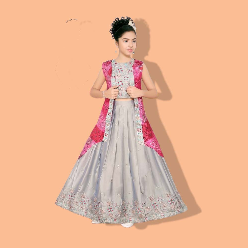 GULISTAN : Girl’s  Sleeveless Round Neck With  Ethnic Printed Readymade Lehenga