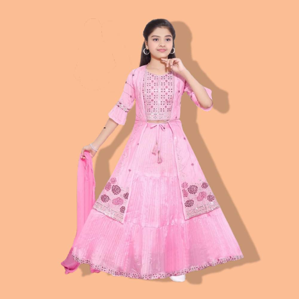 Girl’s Modern Lehenga Choli with Koti – Indo-Western, Cotton Blend, Soft Fabric And Comfortable, Readymade