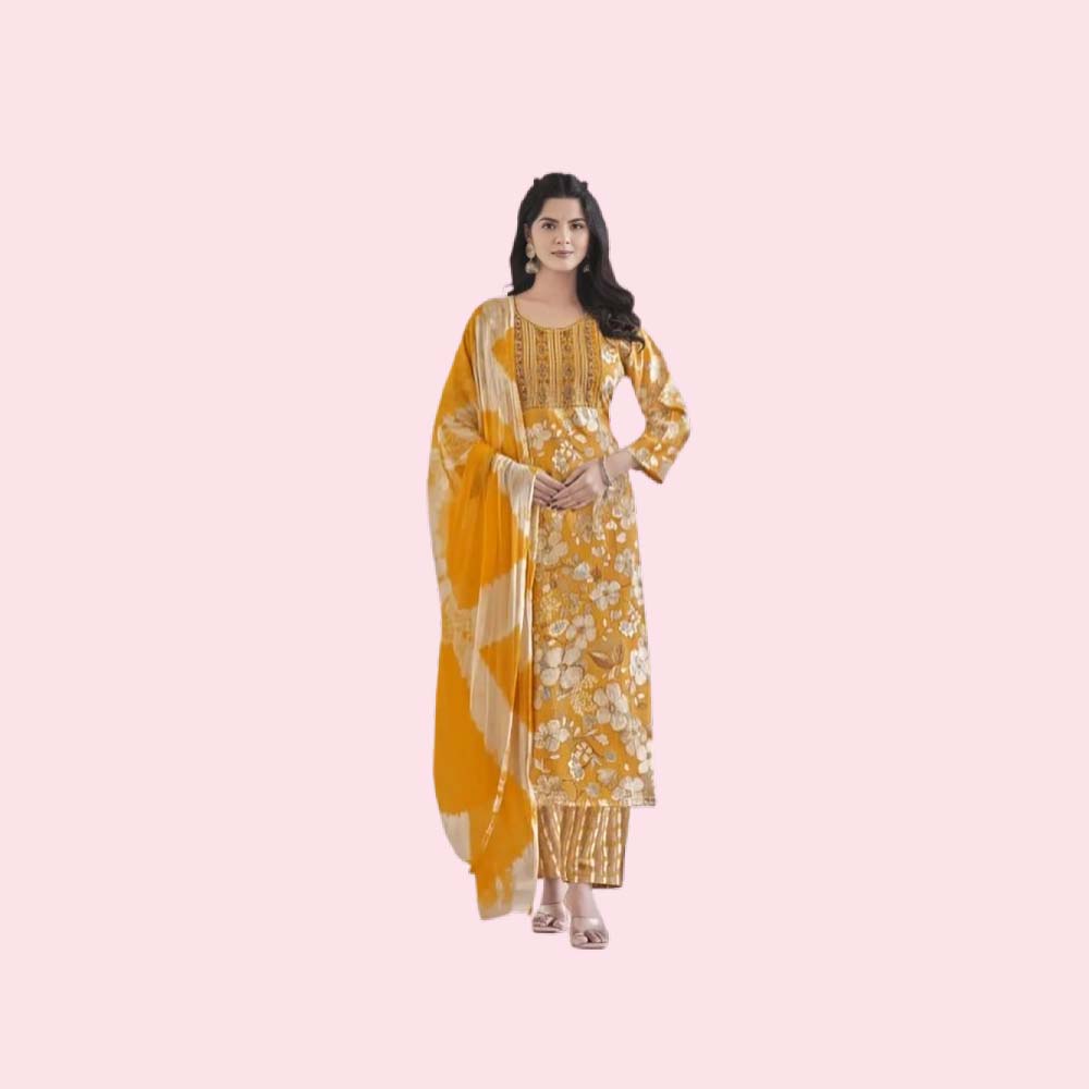 NAVKAR :  Women’s Rayon Printed Embroidered Anarkali Kurta with Pant & Dupatta Set