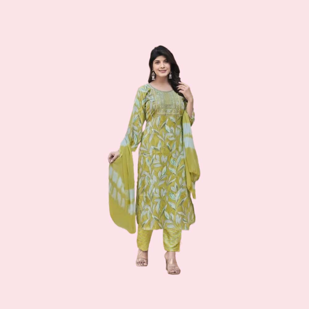 NAVKAR :  Women’s Rayon Printed Embroidered Anarkali Kurta with Pant & Dupatta Set