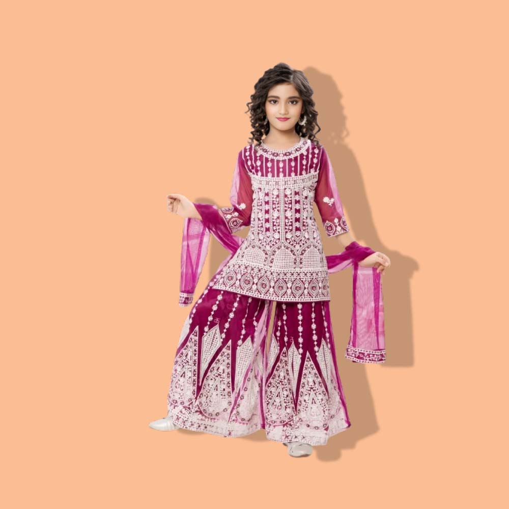 GUDIYA :  Girls Cotton Floral Printed Gotta Work 3/4 Sleeves Flared Design Kurti & Sharara Set