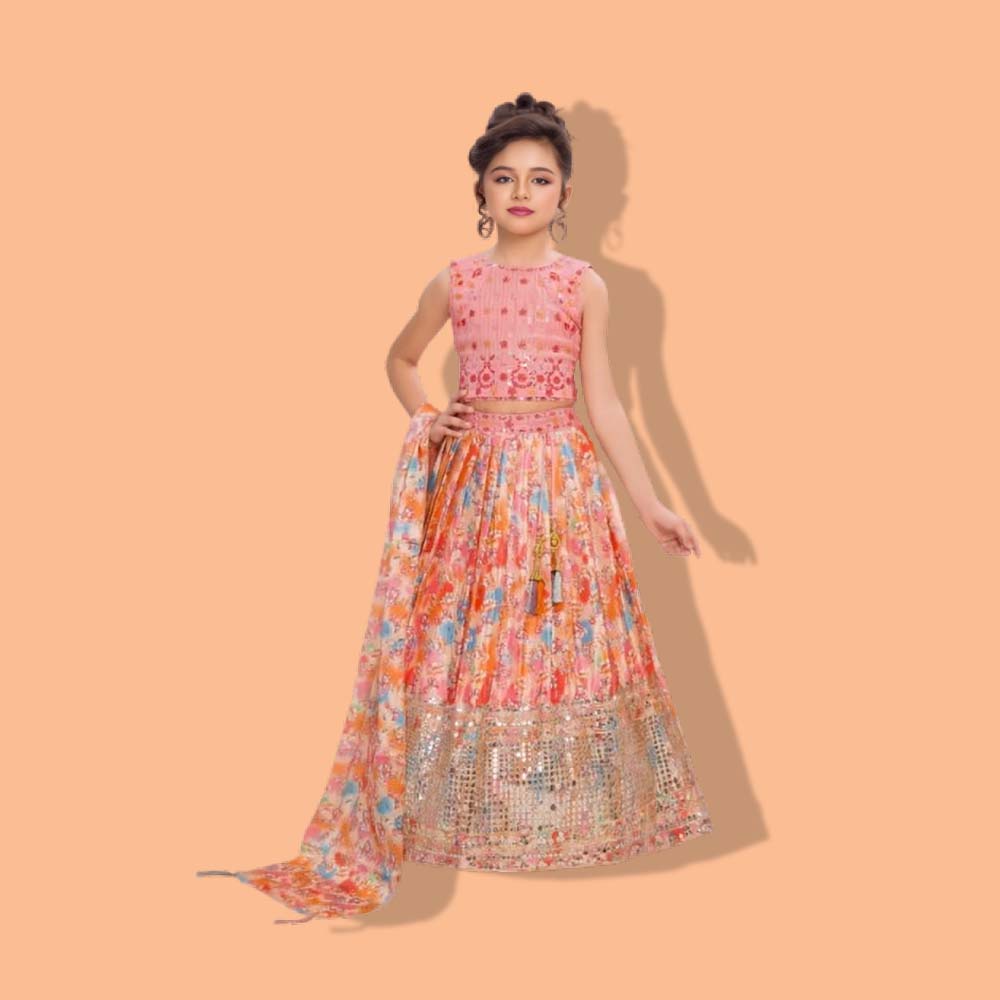 SEHAR : Girls Ethnic Wear Rayon Flower Printed Readymade Lehenga Choli Set
