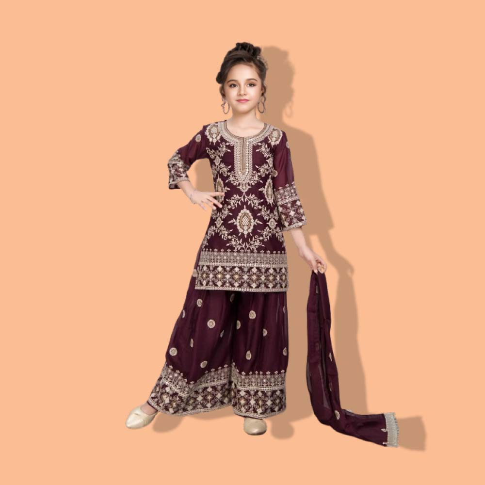 GUDIYA : Girls Traditional Embroidered Kurti Palazzo Set,