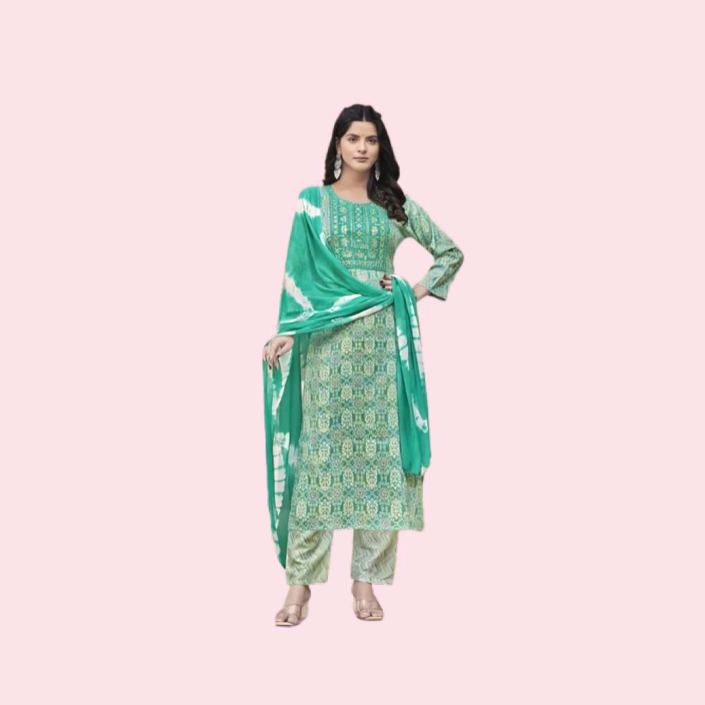 NAVKAR : Women’s Rayon Printed Embroidered Anarkali Kurta with Pant & Dupatta Set