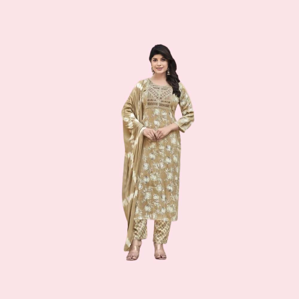 NAVKAR : Women’s Rayon Printed Embroidered Anarkali Kurta with Pant & Dupatta Set