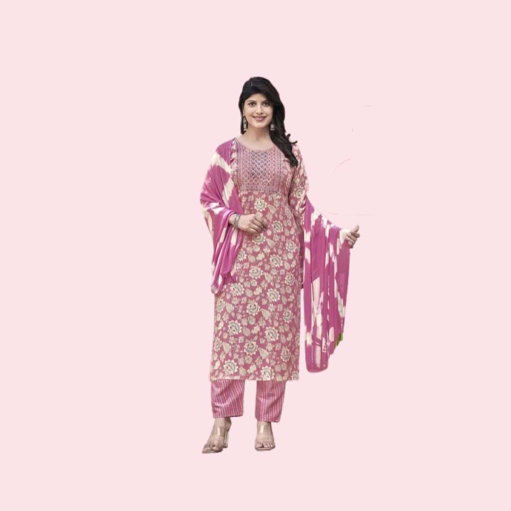 NAVKAR : Women’s Rayon Printed Embroidered Anarkali Kurta with Pant & Dupatta Set