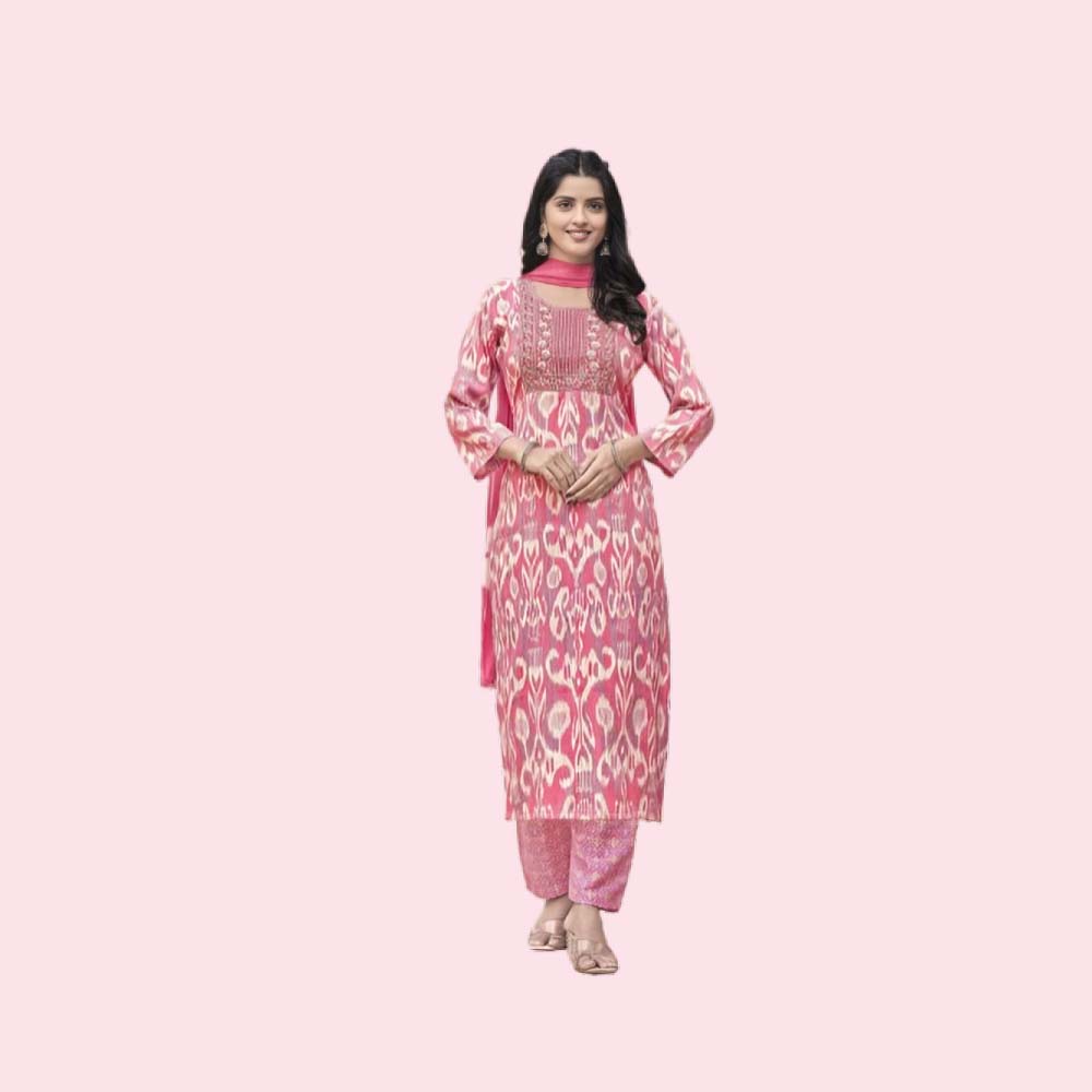 NAVKAR :  Women’s Rayon Printed Embroidered Anarkali Kurta with Pant & Dupatta Set
