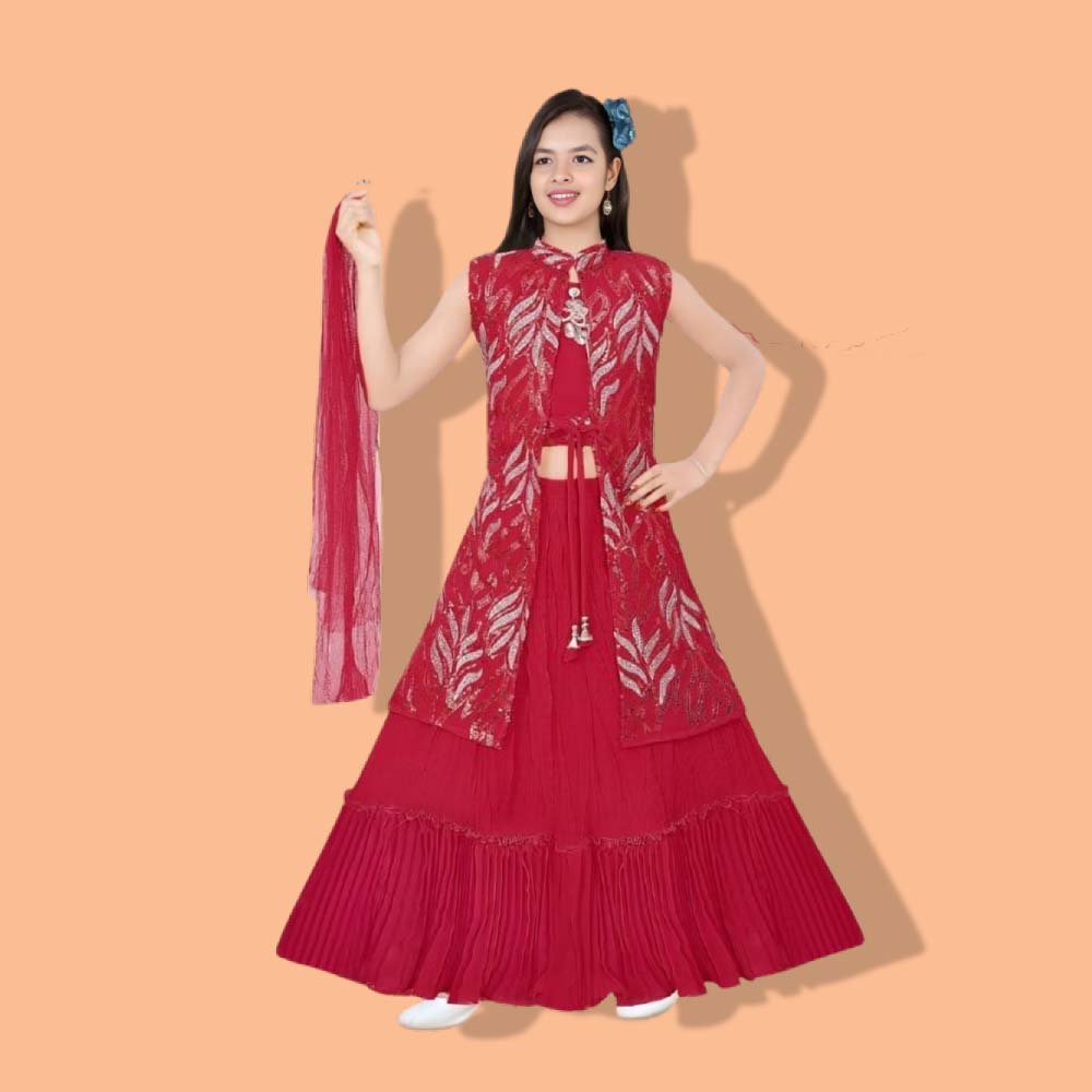 HOLLYDOLLY : Girl’s Modern Lehenga Choli with Koti – Indo-Western, Cotton Blend, Soft Fabric And Comfortable, Readymade
