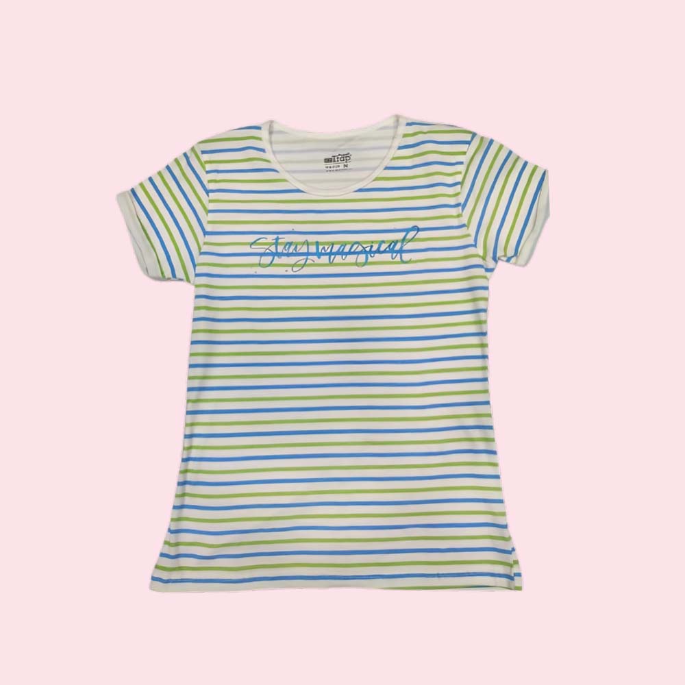 WOMENS : Cotton Blend Stripes Design On The Shoulder Comfortable Office Occasion Wear Regular Fit Scoop Neck Half Sleeves Casual T-Shirt for Women