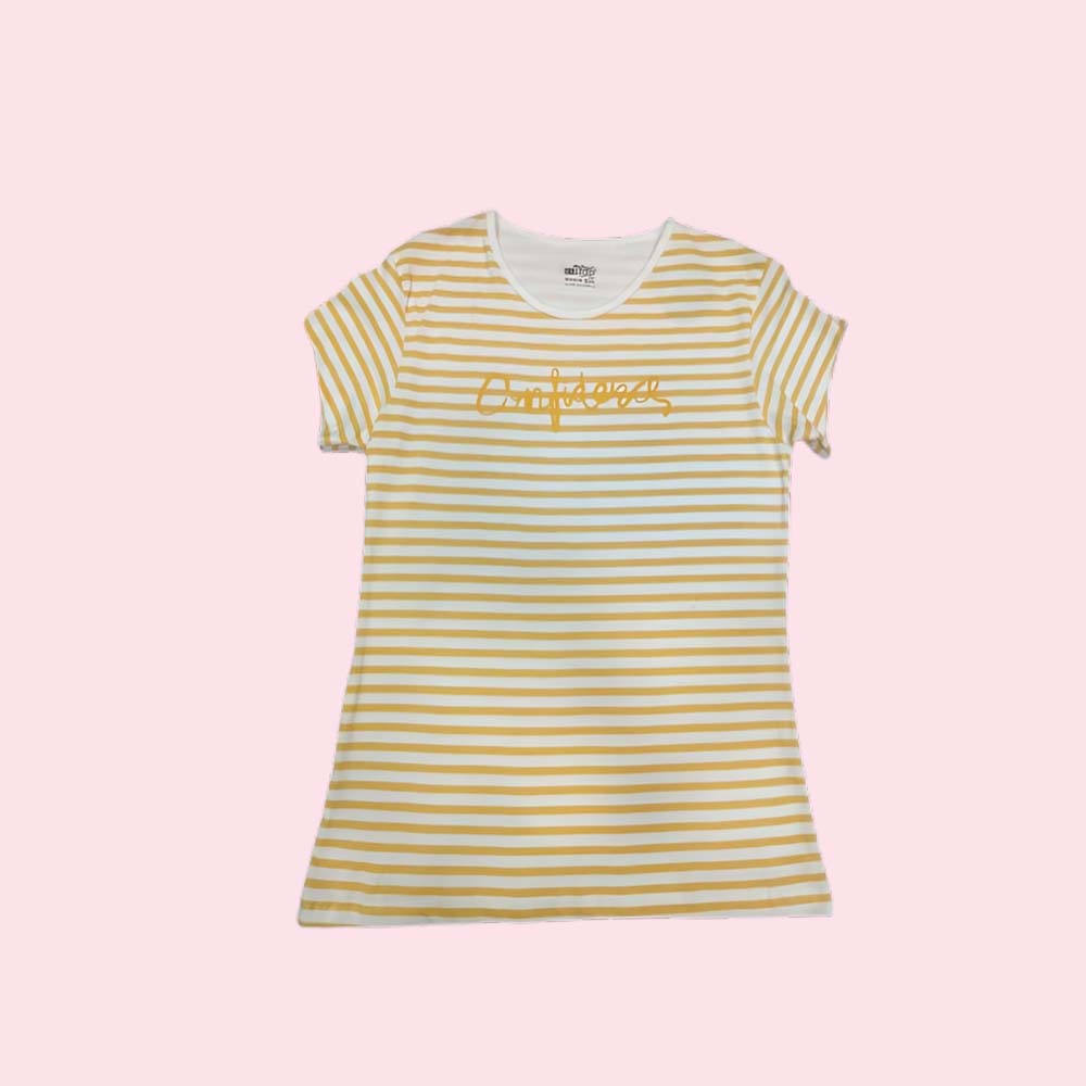 WOMENS :  Cotton Blend Stripes Design On The Shoulder Comfortable Office Occasion Wear Regular Fit Scoop Neck Half Sleeves Casual T-Shirt for Women